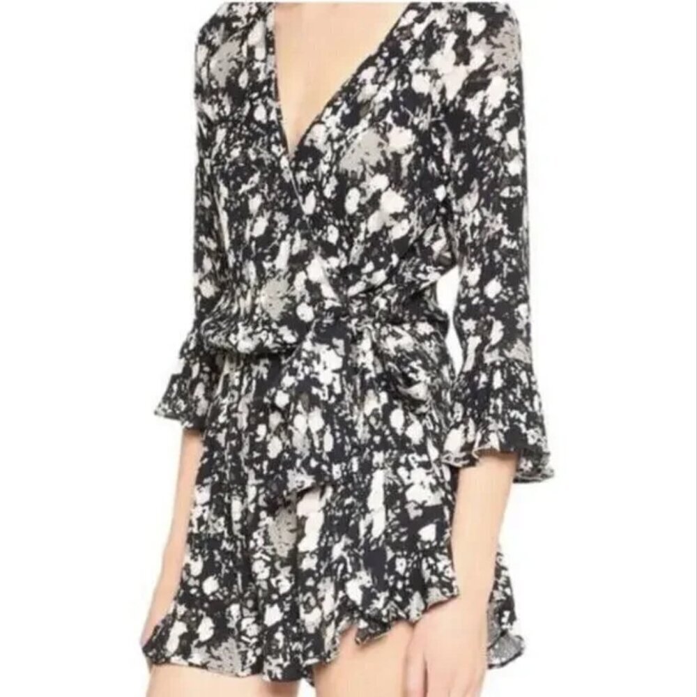 Free People Black Ivory Abstract Print Wrap Romper Long Sleeve XS